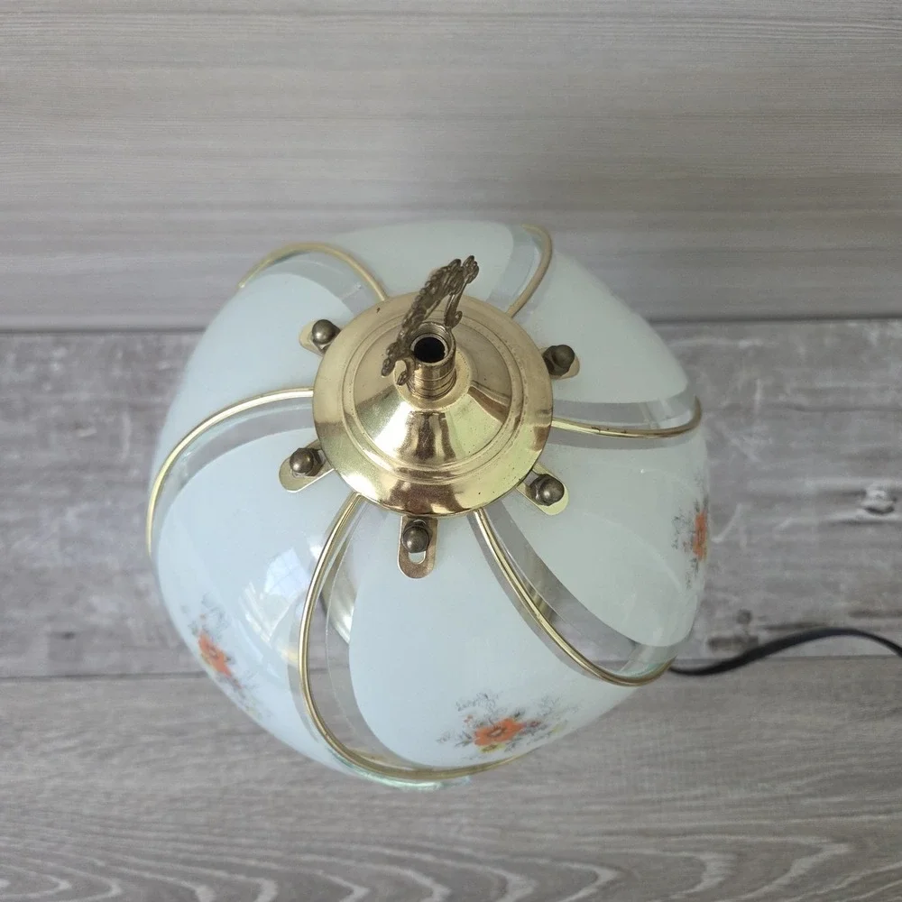 Vintage Golden Base and Floral Glass Paneled Shade 3 Way Touch Table Lamp 16